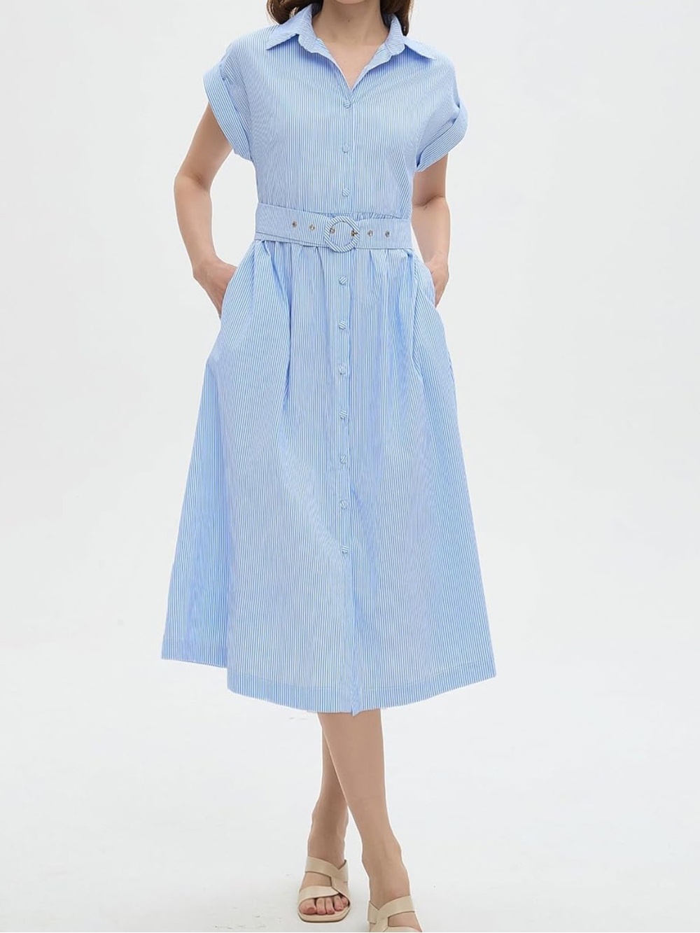 Blue & White Stripe Cotton Shirtdress | Belted | 100% Cotton - Picture 5 of 10